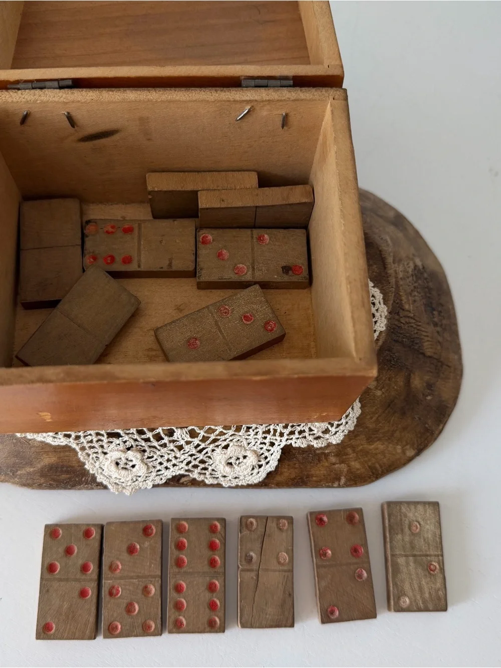 Vintage Box with Latch and Old Wood Dominoes